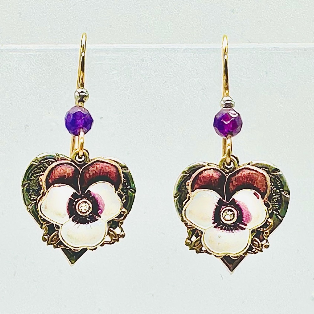 Silver Forest Violet Pansy Dangle Hook Earrings Flowers Nickel Free